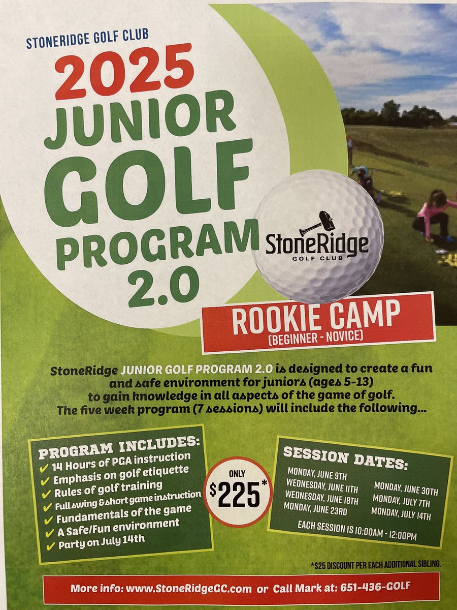 A few spots remain for our junior golf Rookie Camp, starts June 9th. Details, stoneridgegc.com/golf/