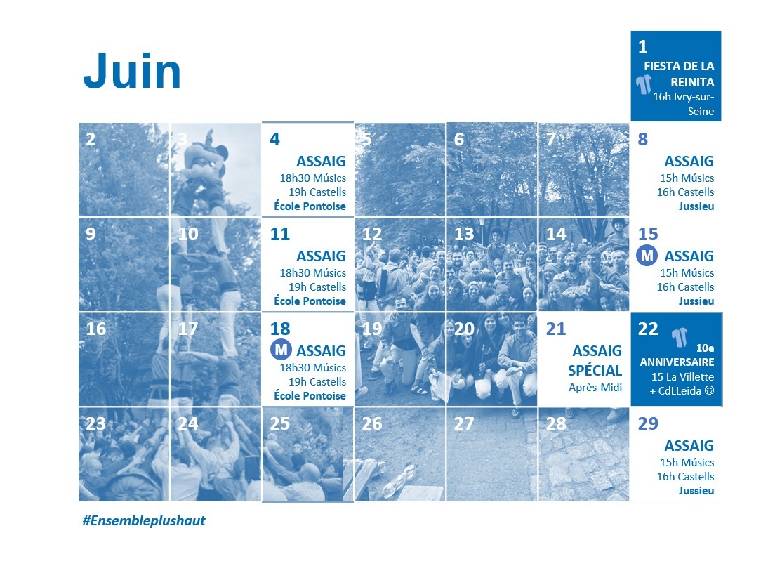 Castellers de Paris (@geperuts) on Twitter photo Voici notre calendrier de Juin ! 😍
On vous attend très nombreux à toutes nos répétitions pour préparer nos castells avec lesquels on fêtera notre 10ème anniversaire le 22 juin, avec nos parrains les <a href="/CdLleida/">Castellers de Lleida</a> ! 💪💙
#EnsemblePlusHaut Voici notre calendrier de Juin ! 😍
On vous attend très nombreux à toutes nos répétitions pour préparer nos castells avec lesquels on fêtera notre 10ème anniversaire le 22 juin, avec nos parrains les <a href="/CdLleida/">Castellers de Lleida</a> ! 💪💙
#EnsemblePlusHaut