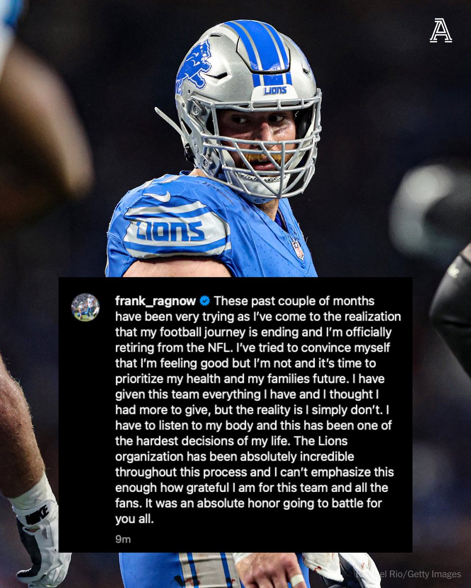 Detroit Lions C Frank Ragnow has officially announced his retirement. per <a href="/TheAthletic/">The Athletic</a>