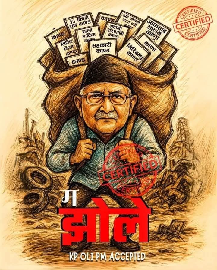 🔴 प्रधानमन्त्री हो कि भ्रष्टाचारका झोले? देश डुब्दैछ, तर काण्डहरू बोकेर हिँड्नेहरू नेतृत्व गरिरहेका छन।३३किलोसुन सहकारी  ओम्नियति वाइडबडी एनसेल भिजिट भिसा कति झोला बोक्न तयार प्रधानमन्त्री?
हाम्रो आवाज स्पष्ट छ❌ भ्रष्टाचारका झोले होइन✅ राष्ट्रका सपना बोक्ने नेतृत्व चाहिन्छ