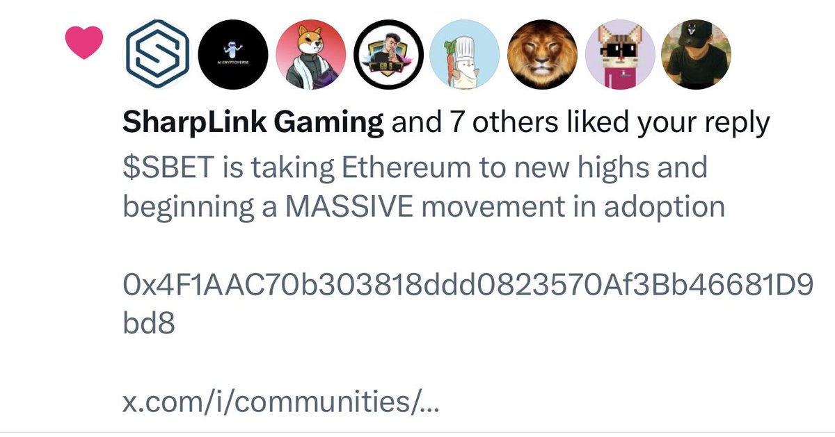 WhoSnipedYa's tweet photo. Sharplink just liked a tweet about $SBET on ETH and the X community 😳👀

They’re full on engaging with the SBET ETH community! https://t.co/CGadP0hn4a