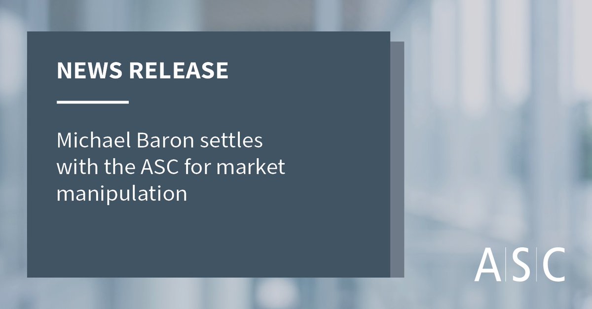 The Alberta Securities Commission has concluded a Settlement Agreement and Undertaking with Michael Baron for breaching Alberta securities laws relating to his role in a market manipulation involving the shares of Softlab9 Software Solutions Inc. asc.ca/news-and-publi…