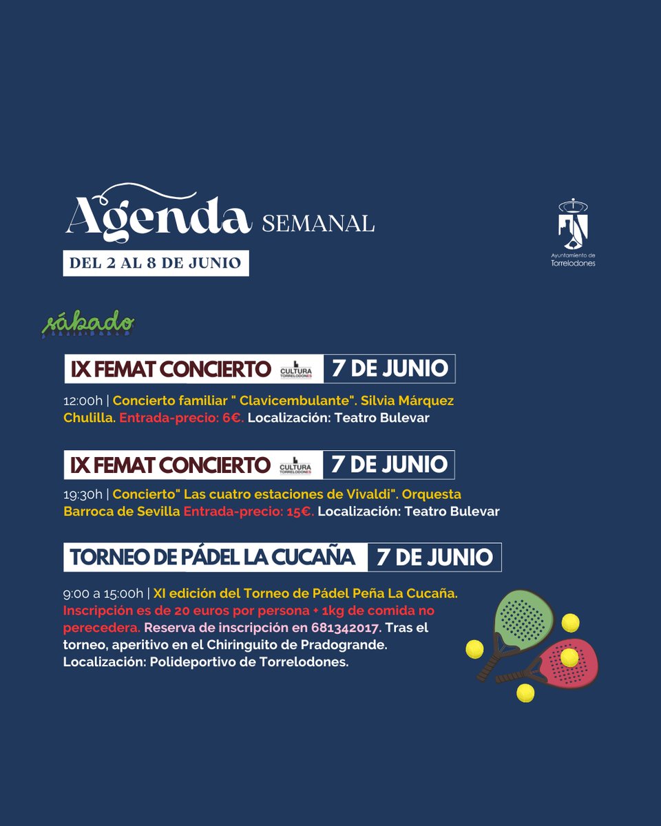 Ayuntamiento de Torrelodones (@ayto_torre) on Twitter photo 📆 AGENDA SEMANAL de actividades en Torrelodones:
→ Este viernes y sábado el Teatro Bulevar acoge todo un referente ya en nuestro municipio: El FEMAT 🎻
Y además...
→ 🎨🗣️Exposiciones y conferencias en la Casa de Cultura
→ 🎾 Torneo de pádel solidario con <a href="/Somoslacucana/">Peña La Cucaña</a> 📆 AGENDA SEMANAL de actividades en Torrelodones:
→ Este viernes y sábado el Teatro Bulevar acoge todo un referente ya en nuestro municipio: El FEMAT 🎻
Y además...
→ 🎨🗣️Exposiciones y conferencias en la Casa de Cultura
→ 🎾 Torneo de pádel solidario con <a href="/Somoslacucana/">Peña La Cucaña</a>