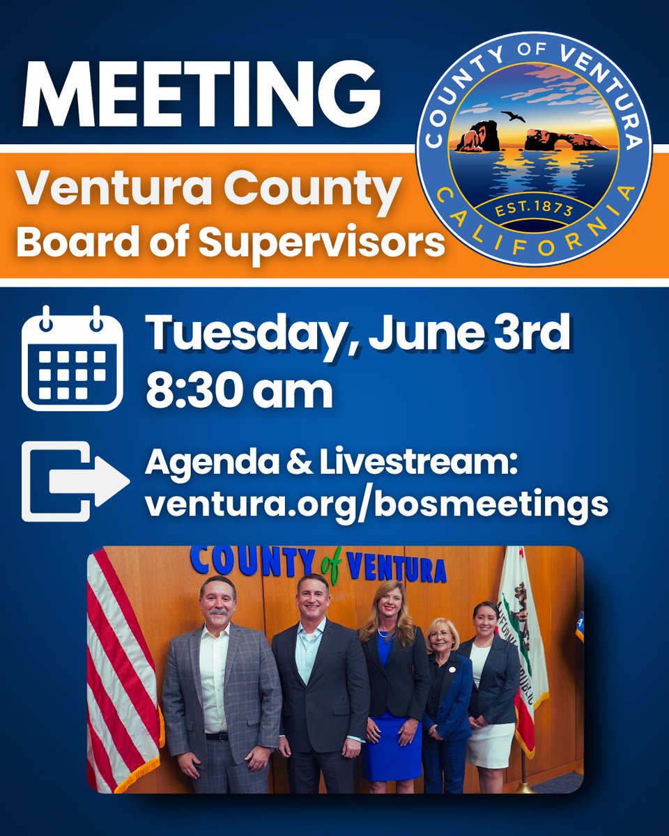 📌REMINDER: The Ventura County Board of Supervisor's meeting is tomorrow.
📅Tuesday, June 3, 2025
⏰ 8:30am
👉Attend in person or participate virtually.
🔗View the agenda &amp; live stream at ventura.org/bosmeetings
