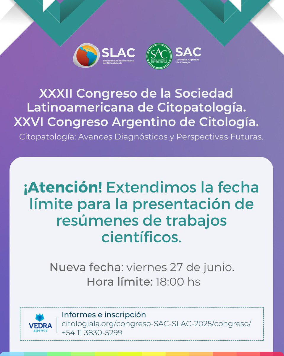 ¿Todavía no enviaste tu resumen científico? ¡No te preocupes!

Sabemos que el tiempo a veces no alcanza, por eso decidimos extender la fecha límite para que puedas ser parte del XXXII Congreso de la Sociedad Latinoamericana de Citopatología y