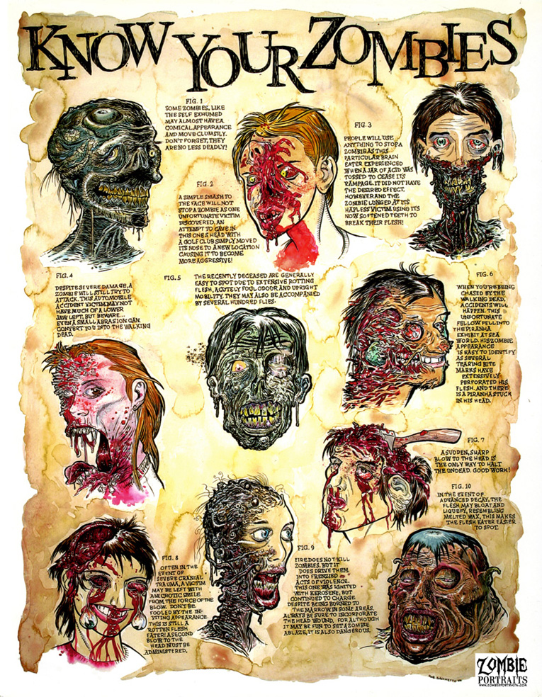 ZombiePortraits's tweet photo. My very first poster! The one that began my Zombie Portraits service...'Know Your Zombies!' fun, gross, educational! original art 20X30 inches on watercolor paper :) #zombie #zombies #zombieart #zombieartst #zombieposter #posters #horror #horrorart #horrorartist #traditionalart https://t.co/5tOdIcFn98