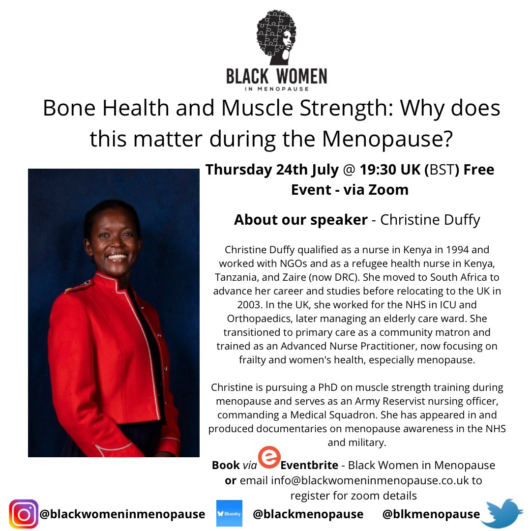 Black Women in Menopause (@blkmenopause) on Twitter photo Next Free Event - Bone Health and Muscle Strength: Why Does This Matter During #perimenopause #menopause?
When: Thursday 24th July 2025 19:30 UK (BST)
Where: Zoomland
Bookings can be made through Eventbrite. You can find the link in the link.tree 🔗 eventbrite.co.uk/e/bone-health-… Next Free Event - Bone Health and Muscle Strength: Why Does This Matter During #perimenopause #menopause?
When: Thursday 24th July 2025 19:30 UK (BST)
Where: Zoomland
Bookings can be made through Eventbrite. You can find the link in the link.tree 🔗 eventbrite.co.uk/e/bone-health-…