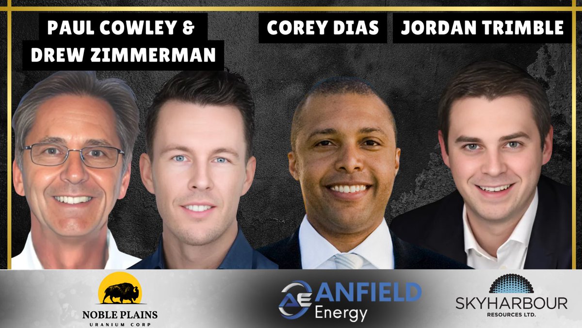 When it comes to the #uranium companies interviews, this week on we look forward to host:
📢Paul Cowley &amp; Drew Zimmerman, Noble Plains Uranium (TSXV: NOBL)

📢 Corey Dias, Anfield Energy (TSXV: AEC)
 
📢Jordan Trimble, Skyharbour Resources (TSXV: SYH)

Post your questions📝