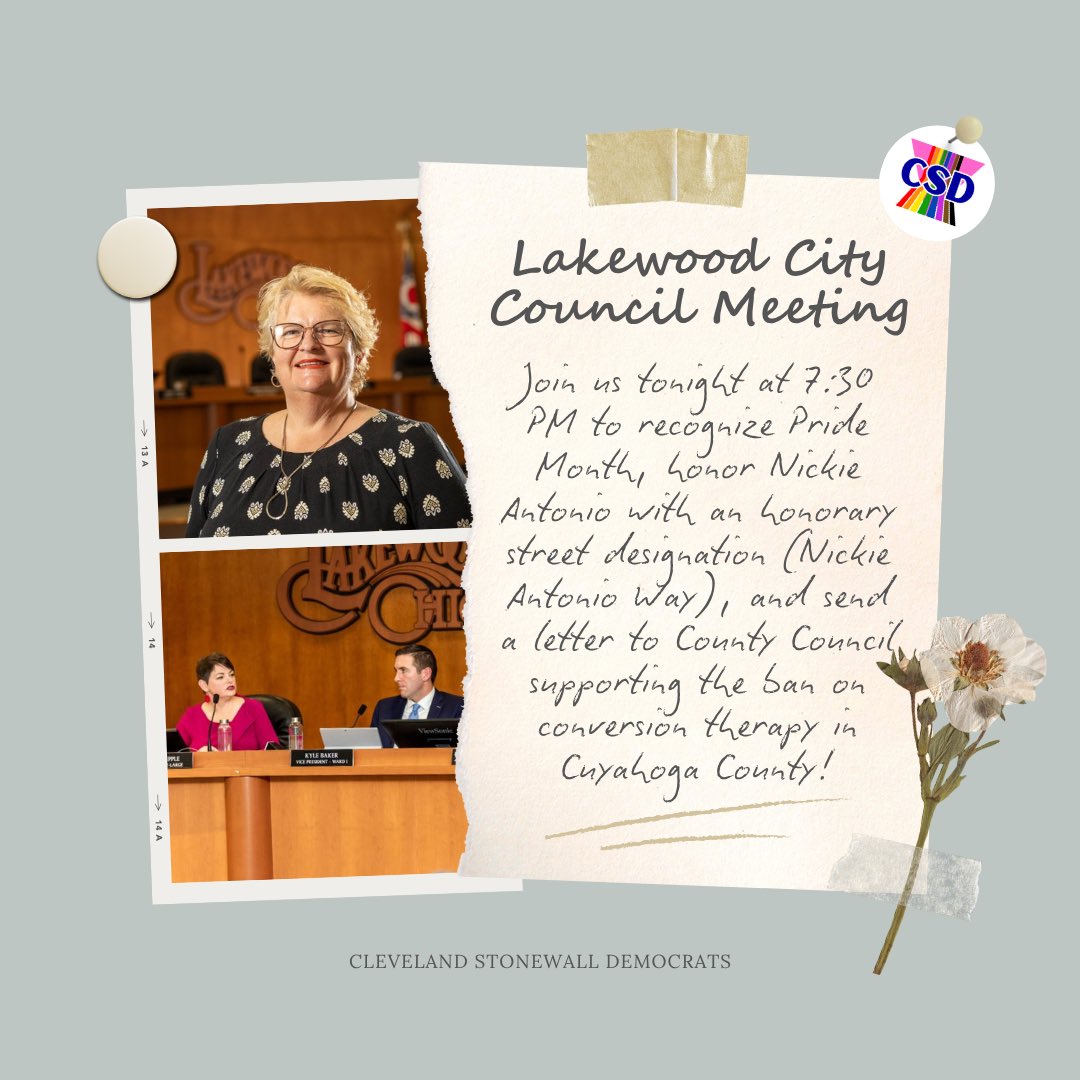 Join us tonight at 7:30 PM to recognize Pride Month, honor Nickie Antonio with an honorary street designation (Nickie Antonio Way), and send a letter to County Council supporting the ban on conversion therapy in Cuyahoga County!