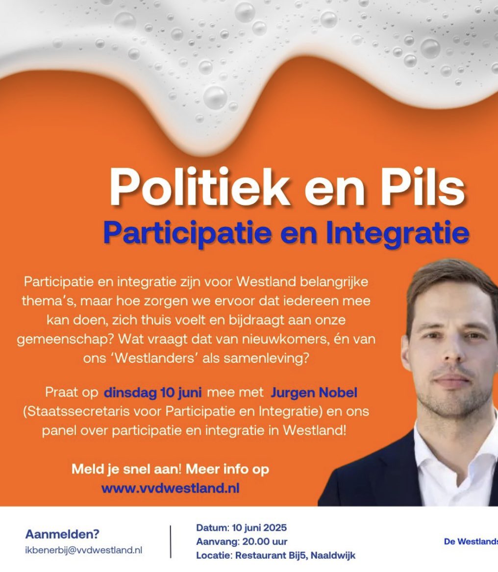 VVD Westland (@vvdwestland) on Twitter photo Op dinsdag 10 juni aanstaande bezoekt Staatssecretaris <a href="/JurgenNobel/">Jurgen Nobel</a> van Participatie en Integratie Westland.
Vanaf 20:00 uur is iedereen (wel of geen <a href="/VVD/">VVD</a> -lid) welkom in <a href="/Bij5/">Restaurant Bij5</a> . Stuur een mailtje naar ikbenerbij@vvdwestland.nl . De avond is kosteloos te bezoeken. 👍🏻 Op dinsdag 10 juni aanstaande bezoekt Staatssecretaris <a href="/JurgenNobel/">Jurgen Nobel</a> van Participatie en Integratie Westland.
Vanaf 20:00 uur is iedereen (wel of geen <a href="/VVD/">VVD</a> -lid) welkom in <a href="/Bij5/">Restaurant Bij5</a> . Stuur een mailtje naar ikbenerbij@vvdwestland.nl . De avond is kosteloos te bezoeken. 👍🏻