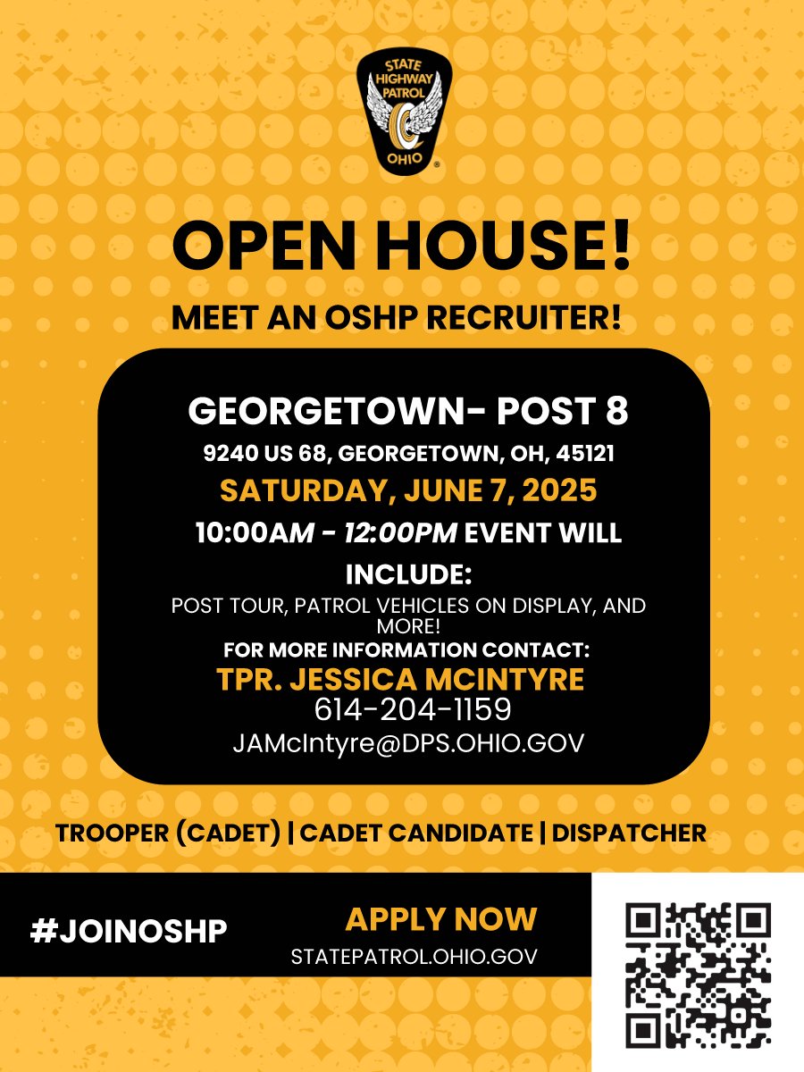📆 SAVE THE DATE📆
Our Georgetown Post is hosting a recruitment open house for anyone interested in joining the Patrol. Come see us June 7th to learn more about a career with the Patrol and meet with a recruiter!

🚔 #JoinOSHP