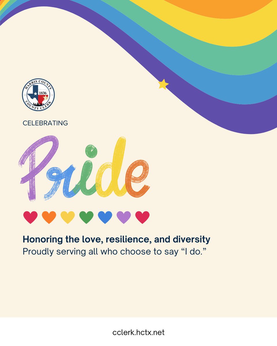 Happy Pride Month from the Harris County Clerk’s Office! 🌈
We proudly celebrate the LGBTQ+ community's love, strength, and diversity. We're honored to support love in all its forms by providing marriage licenses to all couples, year-round. 💍❤️ #HarrisCountyClerksOffice