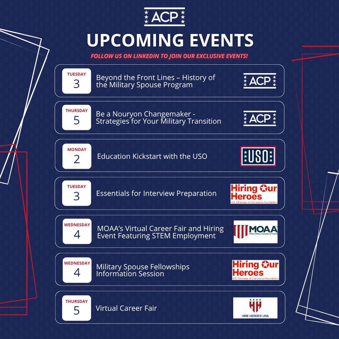 acpvets's tweet photo. So many awesome opportunities for you this week. For more information check us out on LinkedIn.

Register Here: https://t.co/gqNSN3T8p2

#jobs #hiring #military https://t.co/1KmQbKcZgF