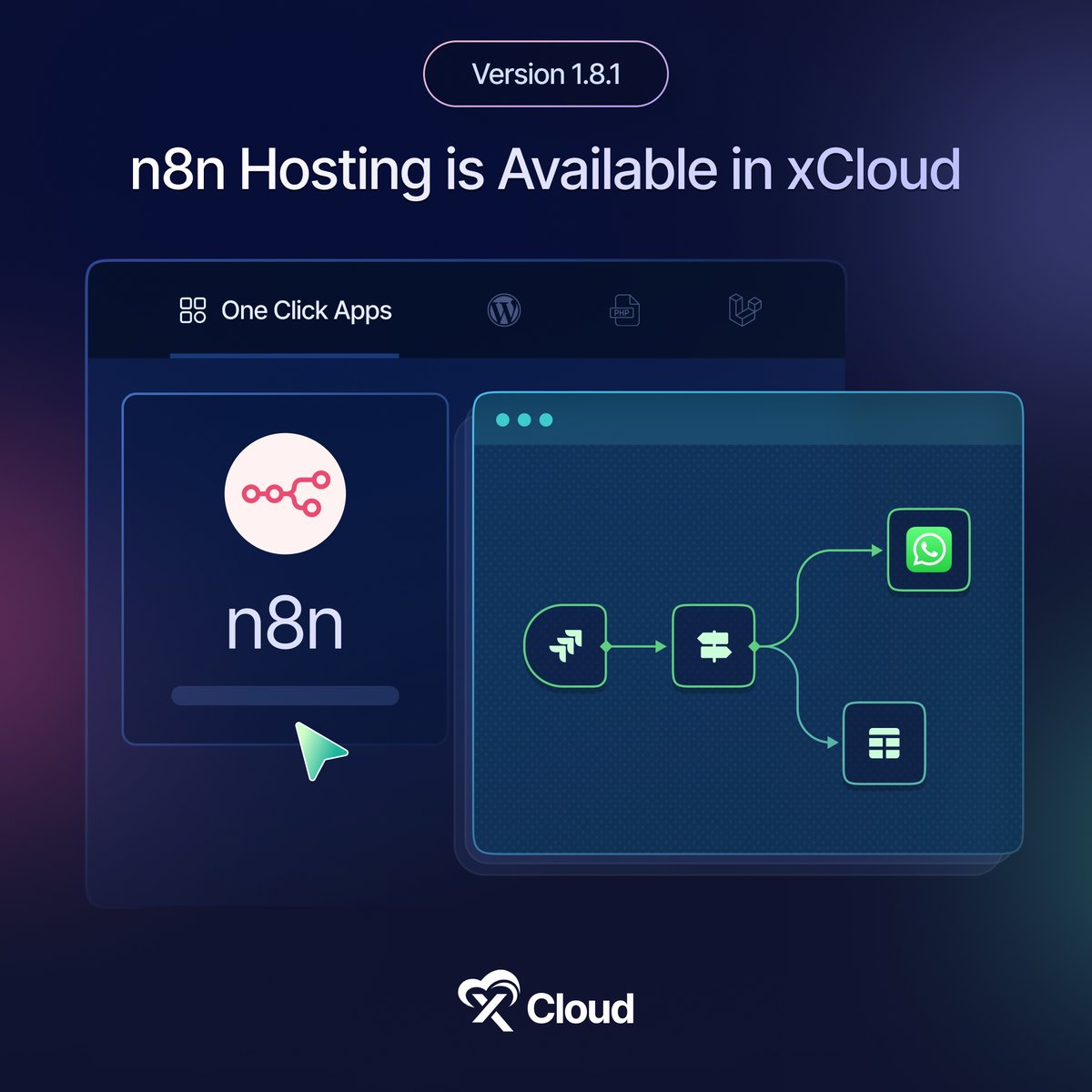 xCloud_host's tweet image. 🚀n8n is now LIVE with xCloud!
Now you can automate anything with your AI agents.

Also in this version: Ubuntu Version Selector, Custom Site Backups &amp;amp; more. ⚡

👉Check out the full details of the releases:
xcloud.host/changelog/

#n8nAutomation #OneClickApps