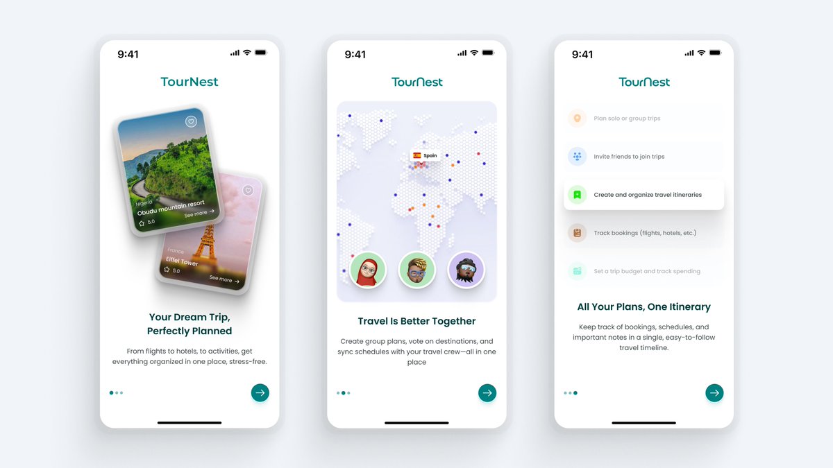 UIUXToluPaul's tweet image. Designed these onboarding screens for TourNest, a travel app aimed at making trip planning seamless, tried to make the onboarding visually appealing and clearly state the app&apos;s benefits.
Open to any thoughts or feedback!

#UIUX #MobileDesign #Designexploration #Onboarding