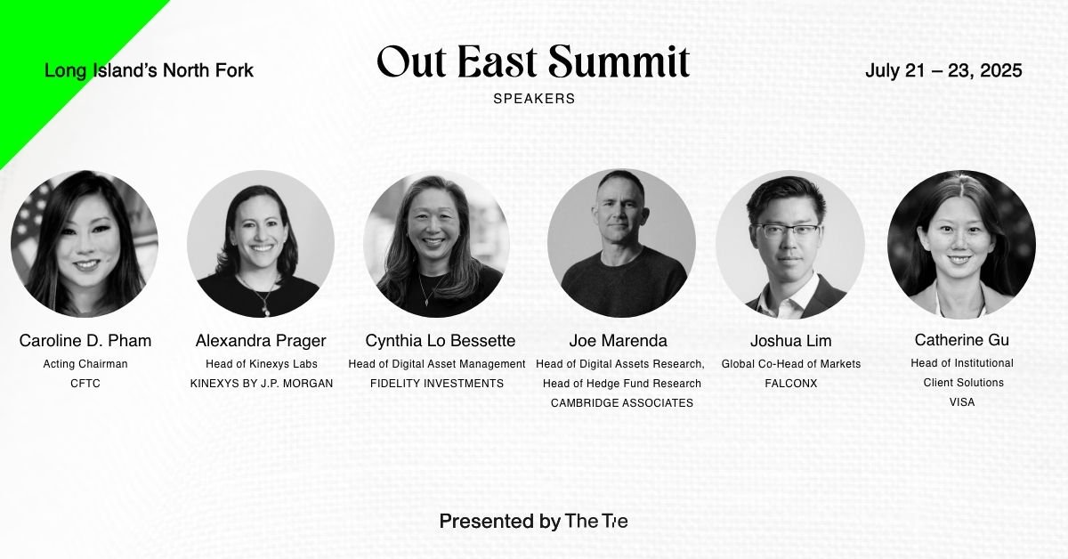 Joshua Frank (@joshua_frank_) on Twitter photo 🔥 Excited to share another round of major speakers for Out East Summit
<a href="/CarolineDPham/">Caroline D. Pham</a>- Acting Chairman at <a href="/CFTC/">CFTC</a>
Alexandra Prager - Head of Kinexys Labs at <a href="/jpmorgan/">J.P. Morgan</a>
Cynthia Lo Bessette - Head of Digital Asset Management at <a href="/Fidelity/">Fidelity Investments</a> <a href="/DigitalAssets/">Fidelity Digital Assets</a>
Joe Marenda - Head of 🔥 Excited to share another round of major speakers for Out East Summit
<a href="/CarolineDPham/">Caroline D. Pham</a>- Acting Chairman at <a href="/CFTC/">CFTC</a>
Alexandra Prager - Head of Kinexys Labs at <a href="/jpmorgan/">J.P. Morgan</a>
Cynthia Lo Bessette - Head of Digital Asset Management at <a href="/Fidelity/">Fidelity Investments</a> <a href="/DigitalAssets/">Fidelity Digital Assets</a>
Joe Marenda - Head of