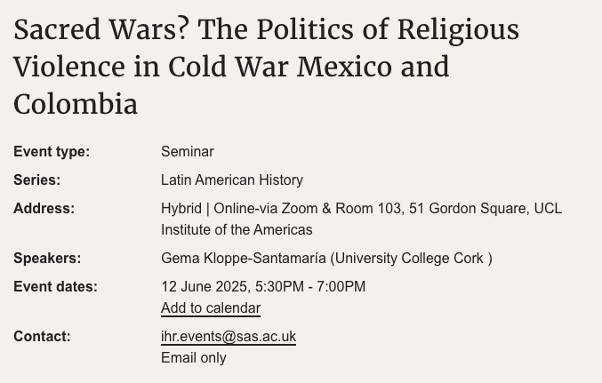 Thomas Rath (@thom_rath) on Twitter photo Upcoming IHR Latin American history seminar with <a href="/GemaKloppe/">Gema Kloppe-Santamaría</a> on Thursday June 12 <a href="/UCLAmericas/">UCL Americas</a>
📢Please retweet📢 Upcoming IHR Latin American history seminar with <a href="/GemaKloppe/">Gema Kloppe-Santamaría</a> on Thursday June 12 <a href="/UCLAmericas/">UCL Americas</a>
📢Please retweet📢