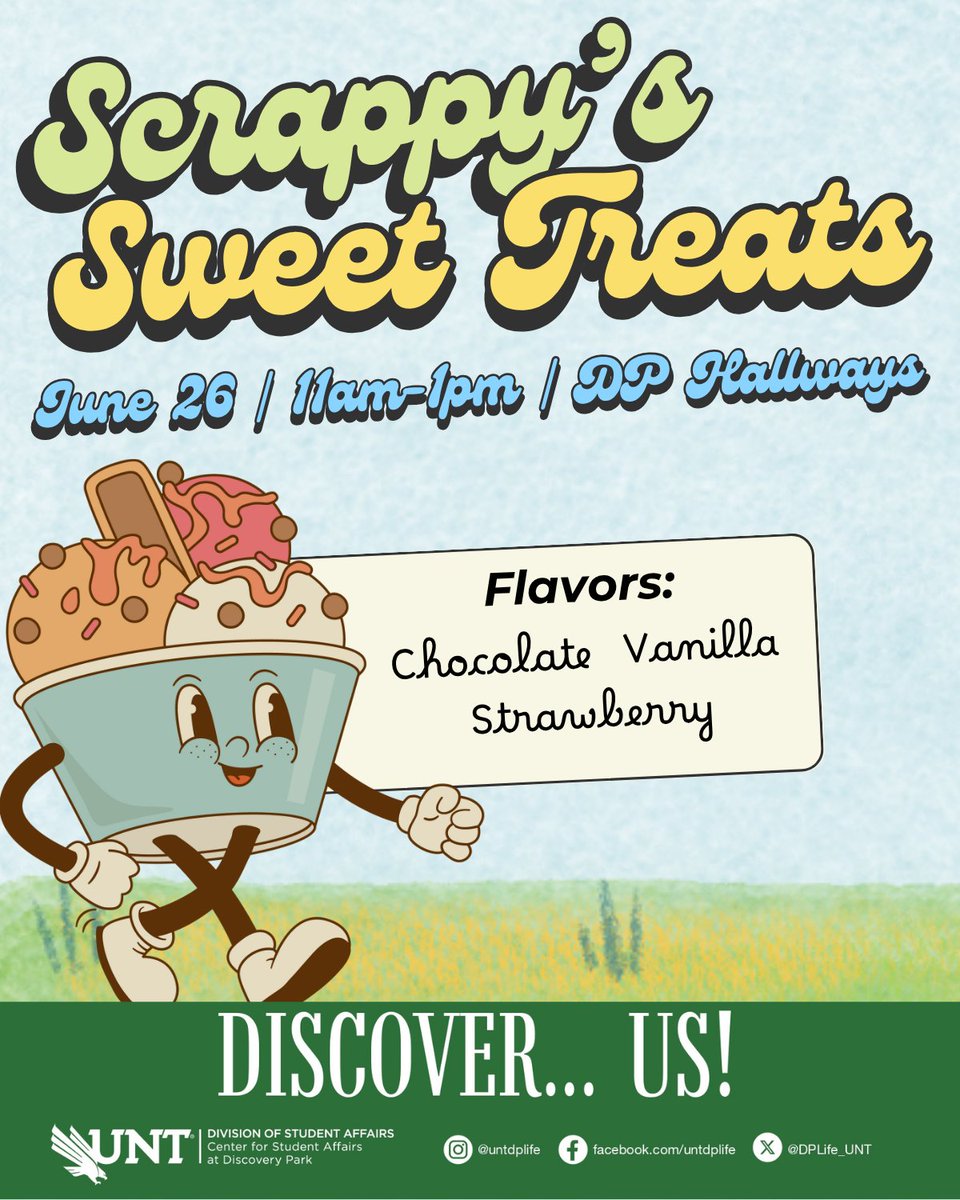Summer’s heating up, and Scrappy has the the perfect way to cool down! ☀️🍦Take a sweet break and grab a free scoop of ice cream to beat the heat with us!

🗓️ June 26
⏰ 11am-1pm
📍 DP Hallways

#UNT #UniversityofNorthTexas #DiscoveryPark