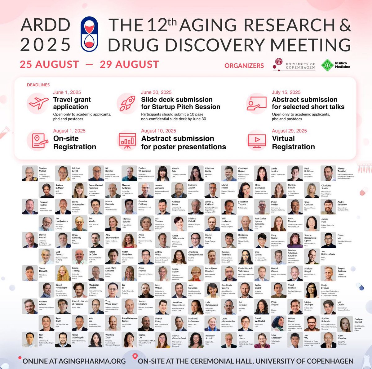 🚨 Aging Research &amp; Drug Discovery Meeting   ARDD 2025 IS COMING!
Join us from August 25–29 in Copenhagen and online for the 12th Aging Research &amp; Drug Discovery Meeting — the world’s leading summit on longevity, pharma innovation, and cutting-edge aging science.