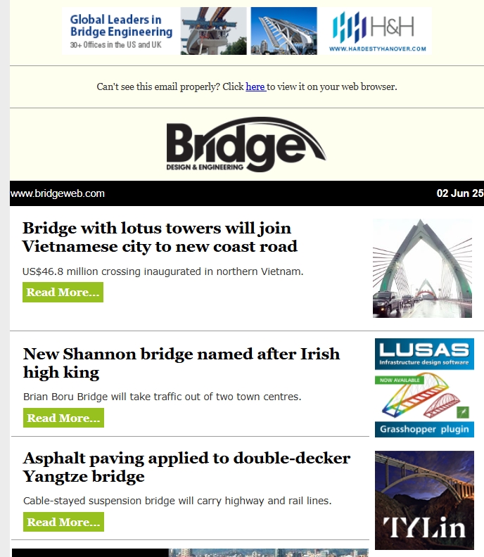 🚨 Hot off the press! The newest Bd&amp;e e-newsletter just landed. 📰
📥 Check your inbox (or Spam) to dive into insights on #bridgeengineering, #bridgeconstruction, #bridgedesign &amp; #assetmanagement;  Or sign up now to stay in the loop: bridgeweb.com/newsletter/