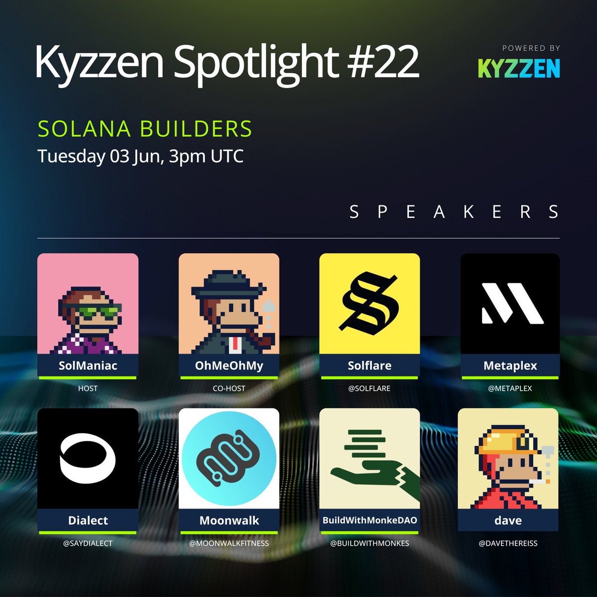 Kyzzen (@kyzzen_io) on Twitter photo Solana Builders - Kyzzen Spotlight
🕐: 3 pm UTC June 3
Special Guest:
<a href="/solflare/">Solflare - The Solana Wallet</a>
<a href="/metaplex/">Metaplex 🦾</a>
<a href="/saydialect/">Dialect (hiring)</a>
<a href="/moonwalkfitness/">Moonwalk Fitness</a>
<a href="/BuildWithMonkes/">BuildWithMonkeDAO</a>
<a href="/davethereiss/">dave - hiring genius searchers</a>
Hosts: <a href="/solmaniac_/">S◎L Maniac</a> & <a href="/OhMeOhMy_Sol/">OhMeOhMy | Kyzzen.io</a>
Set your reminder down below 👇 Solana Builders - Kyzzen Spotlight
🕐: 3 pm UTC June 3
Special Guest:
<a href="/solflare/">Solflare - The Solana Wallet</a>
<a href="/metaplex/">Metaplex 🦾</a>
<a href="/saydialect/">Dialect (hiring)</a>
<a href="/moonwalkfitness/">Moonwalk Fitness</a>
<a href="/BuildWithMonkes/">BuildWithMonkeDAO</a>
<a href="/davethereiss/">dave - hiring genius searchers</a>
Hosts: <a href="/solmaniac_/">S◎L Maniac</a> & <a href="/OhMeOhMy_Sol/">OhMeOhMy | Kyzzen.io</a>
Set your reminder down below 👇