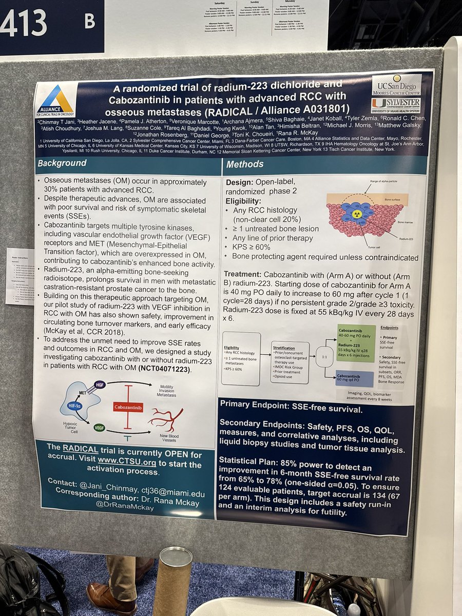 Chinmay Jani (@jani_chinmay) on Twitter photo Excited to present our #ASCO25 poster on the RADICAL trial! 🎯
📌 Radium-223 + Cabozantinib vs Cabozantinib in RCC with bone mets
🎯 SSE-free survival, PFS, OS, QOL, liquid + tissue biomarkers
🧪 Trial OPEN for accrual!
Thanks to <a href="/DrRanaMcKay/">Rana McKay, MD, FASCO</a> for your mentorship and Excited to present our #ASCO25 poster on the RADICAL trial! 🎯
📌 Radium-223 + Cabozantinib vs Cabozantinib in RCC with bone mets
🎯 SSE-free survival, PFS, OS, QOL, liquid + tissue biomarkers
🧪 Trial OPEN for accrual!
Thanks to <a href="/DrRanaMcKay/">Rana McKay, MD, FASCO</a> for your mentorship and