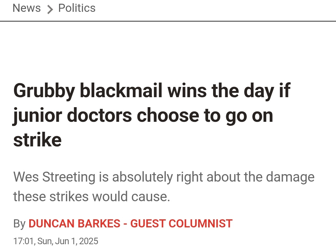 Funny how doctors standing up for ourselves against the gaslighting and lack of respect is called "grubby blackmail."

Doctors get guilt tripped everyday into subsidising the NHS at the cost of our own wellbeing

If the media starts engaging respectfully, this dispute ends sooner