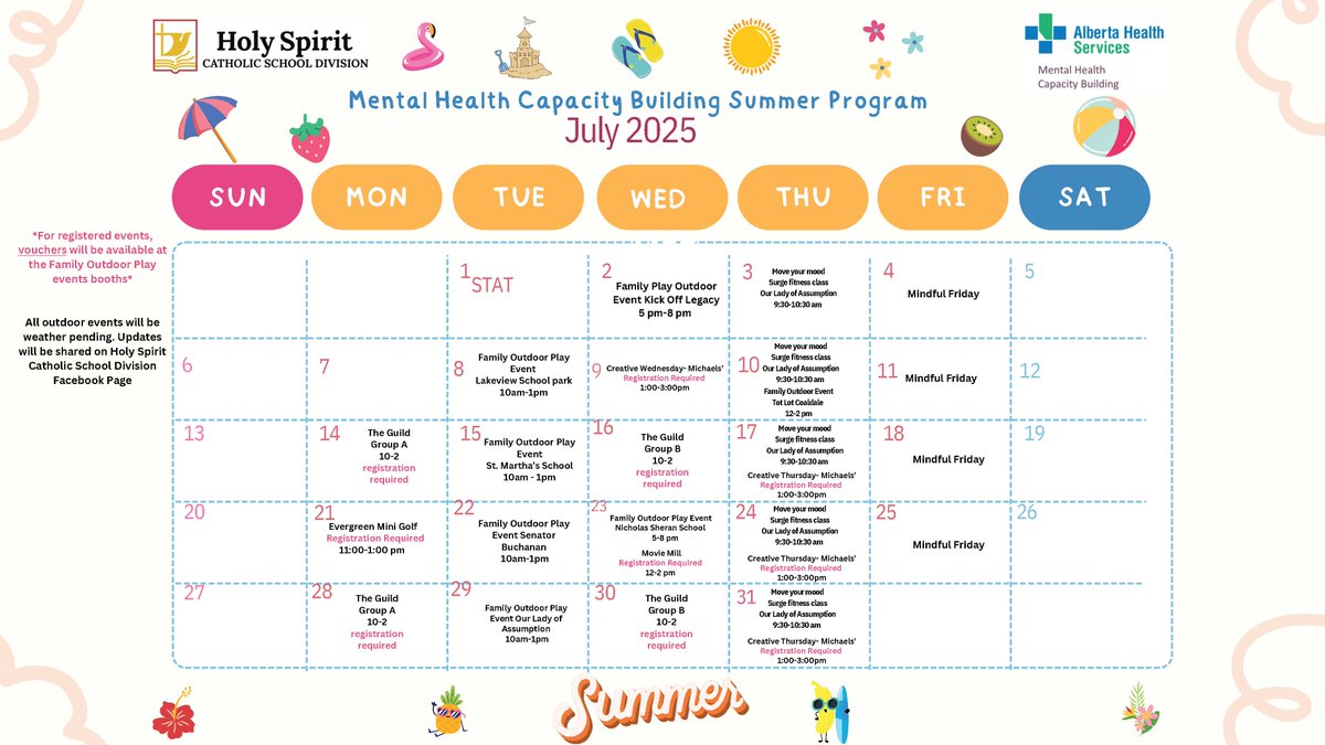 HolySpiritRCSD's tweet image. Get ready for a summer of fun with the @HolySpiritRCSD Mental Health Capacity Building (MHCB) Team!
We’ve got a full lineup of exciting events all July & August—from Family Outdoor Play Days to YMCA adventures and more!
#MHCB #SummerProgramming #IBelieveInCatholicEd #hs4