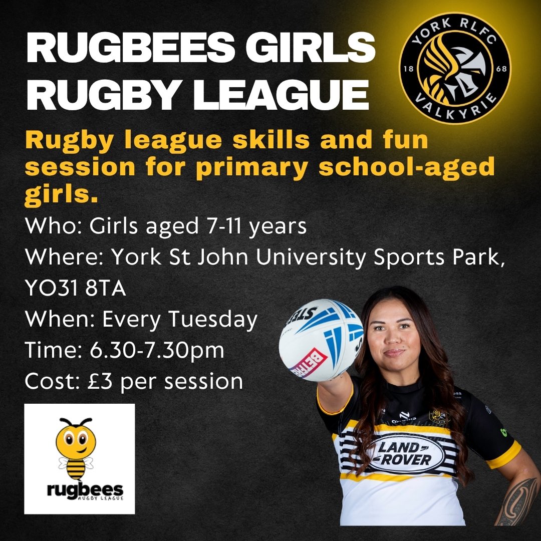 York RLFC Foundation (@yorkrlfcfound) on Twitter photo ๐๐ฎ๐ ๐๐๐๐ฌ - ๐
๐ Primary Rugby League for Girls in Key Stage 2.
๐คฉJoin us as on Tuesday 3rd June when we will be joined by guest coach & <a href="/YorkValkyrie/">York RLFC Valkyrie</a> player <a href="/sade_rihari/">Sade Rihari</a> who will be leading the session.
๐ yorkrlfc.com/rugbees
#WeAreYork | #RiseUp ๐๐ฎ๐ ๐๐๐๐ฌ - ๐
๐ Primary Rugby League for Girls in Key Stage 2.
๐คฉJoin us as on Tuesday 3rd June when we will be joined by guest coach & <a href="/YorkValkyrie/">York RLFC Valkyrie</a> player <a href="/sade_rihari/">Sade Rihari</a> who will be leading the session.
๐ yorkrlfc.com/rugbees
#WeAreYork | #RiseUp