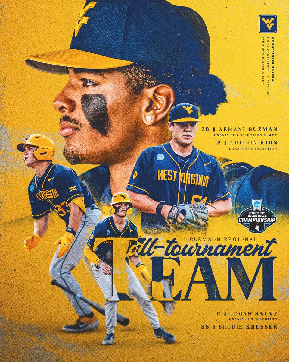 WVU Baseball (@wvubaseball) on Twitter photo Clemson Regional All-Tournament Team π
<a href="/mani_ftn/">Armani Guzman</a> - MVP
<a href="/kirn_griffin/">Griffin Kirn</a>
<a href="/SauveLogan/">Logan Sauve</a>
<a href="/brodiekresser/">brodie kresser</a>
#HailWV Clemson Regional All-Tournament Team π
<a href="/mani_ftn/">Armani Guzman</a> - MVP
<a href="/kirn_griffin/">Griffin Kirn</a>
<a href="/SauveLogan/">Logan Sauve</a>
<a href="/brodiekresser/">brodie kresser</a>
#HailWV