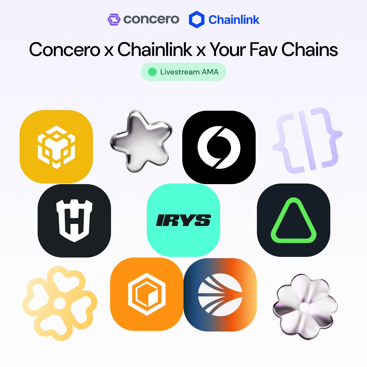 Concero (@concero_io) on Twitter photo šļø Concero x Chainlink x Your Fav Chains LiveStream
If we can connect all chains onchain, why not bring them together on a livestream for you to hear with <a href="/chainlink/">Chainlink</a>?
Get ready to hear from:
āŖļø<a href="/soneium/">Soneium šæ</a>
āŖļø<a href="/SonicLabs/">Sonic Labs</a>
āŖļø<a href="/irys_xyz/">Irys (ā§į“ā§)</a>
āŖļø<a href="/BNBCHAIN/">BNB Chain</a>
āŖļø<a href="/Coredao_Org/">Core DAO š¶</a>
āŖļø<a href="/auroraisnear/">Aurora</a>
āŖļø šļø Concero x Chainlink x Your Fav Chains LiveStream
If we can connect all chains onchain, why not bring them together on a livestream for you to hear with <a href="/chainlink/">Chainlink</a>?
Get ready to hear from:
āŖļø<a href="/soneium/">Soneium šæ</a>
āŖļø<a href="/SonicLabs/">Sonic Labs</a>
āŖļø<a href="/irys_xyz/">Irys (ā§į“ā§)</a>
āŖļø<a href="/BNBCHAIN/">BNB Chain</a>
āŖļø<a href="/Coredao_Org/">Core DAO š¶</a>
āŖļø<a href="/auroraisnear/">Aurora</a>
āŖļø