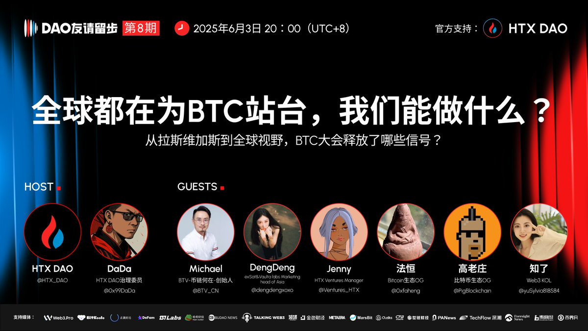 #DAO友请留步 第八期

💡 主题：全球都在为 BTC 站台，我们能做什么？
📅 时间：6 月 3 日（星期 二）20:00（UTC+8）
🔗 预约：x.com/i/spaces/1yNGa…

上周，2025