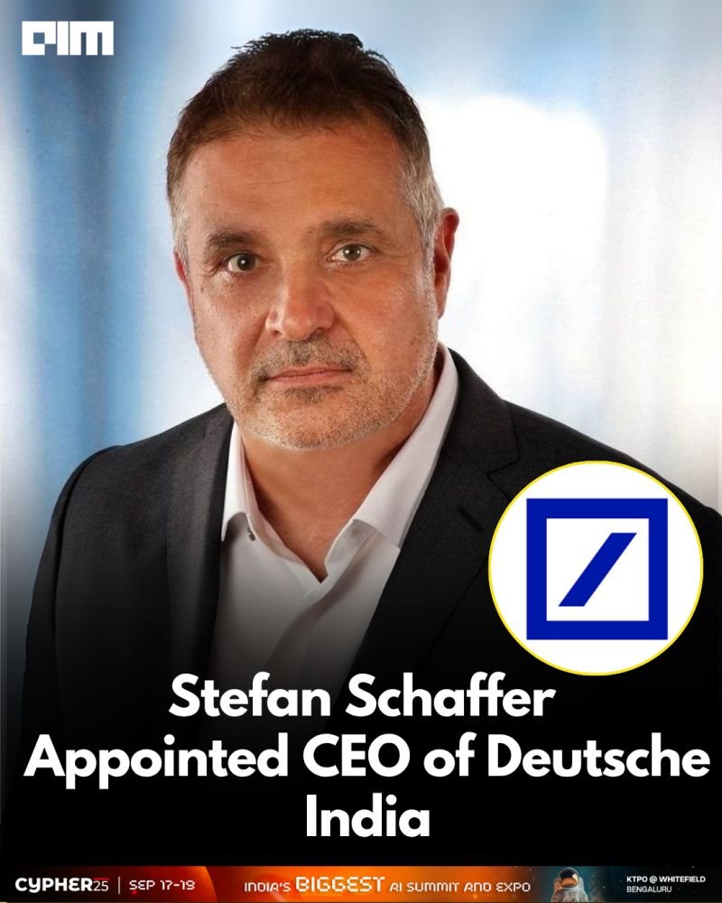 AIM (@analyticsindiam) on Twitter photo With a strong tech and innovation pedigree, Stefan Schaffer takes charge as the new CEO of <a href="/DeutscheBank/">Deutsche Bank</a> India, and Global CIO for Corporate Functions. Backed by years of leadership in tech simplification and global operations, his appointment signals a deeper commitment to With a strong tech and innovation pedigree, Stefan Schaffer takes charge as the new CEO of <a href="/DeutscheBank/">Deutsche Bank</a> India, and Global CIO for Corporate Functions. Backed by years of leadership in tech simplification and global operations, his appointment signals a deeper commitment to