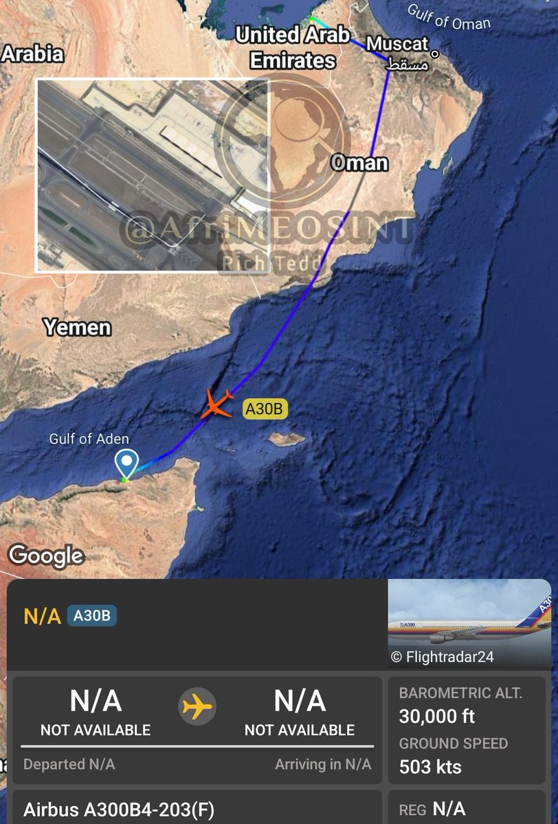 AfriMEOSINT's tweet photo. A @GewanAirways Airbus A300B4-203 freighter (#Reg. EX-30002) departed from the military apron at Abu Dhabi International Airport, also known as #UAEAF π¦πͺ Al Reef Airbase, this morning and landed at #Bosaso Airport in #Puntland πΈπ΄. https://t.co/PKmbIHENKX