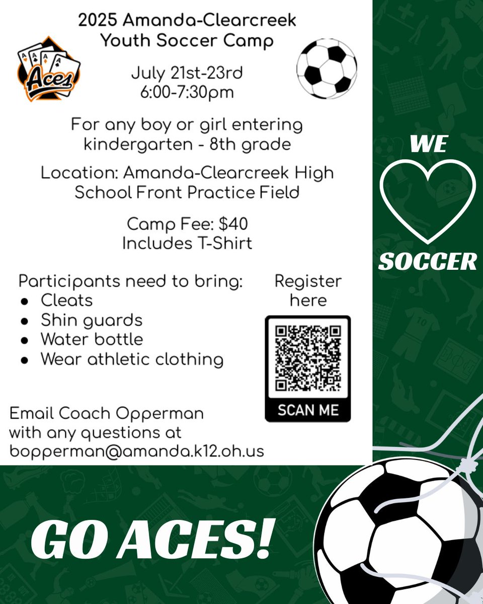 SAVE THE DATE!  Mark your calendar and get registered for the 2025 A-C Youth Soccer Camp!  This year's camp will take place July 21-23 at the ACHS front practice field from 6:00 to 7:30pm. Camp fee is just $40 and includes a t-shirt! ...
amanda.k12.oh.us/~board/distric…