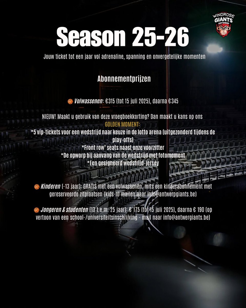 Met onze fans achter ons mikken we op niets minder dan nieuwe successen – wie weet opnieuw de beker… en ja, de kampioenstitel!
Om u alvast warm te maken voor wat komen zal, vindt u hier alle info over de abo’s voor 2025-2026.

Lees meer op onze website: antwerpgiants.be/telenet-giants…