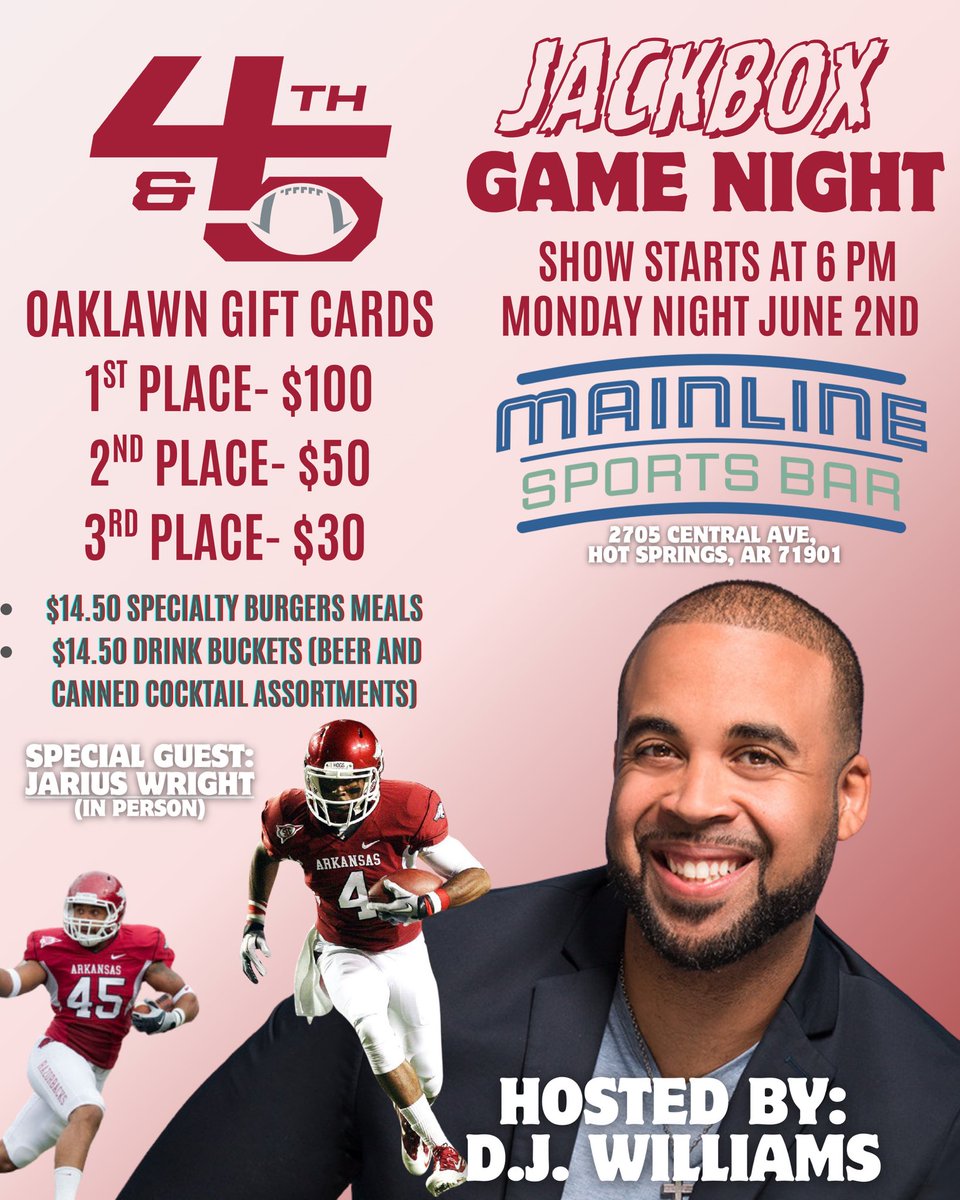 D.J. Williams (@dj45williams) on Twitter photo Come hang out tonight with me and Razorback great <a href="/Jay_wright4/">Jarius Wright</a> at the Mainline Sports Bar at <a href="/OaklawnRacing/">Oaklawn Hot Springs</a> tonight at 6pm. Get your autographs and ask any question you want. Plus stick around for a chance to win some CASH! Come hang out tonight with me and Razorback great <a href="/Jay_wright4/">Jarius Wright</a> at the Mainline Sports Bar at <a href="/OaklawnRacing/">Oaklawn Hot Springs</a> tonight at 6pm. Get your autographs and ask any question you want. Plus stick around for a chance to win some CASH!