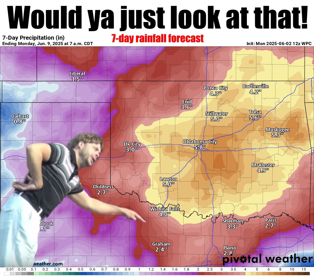 ZOUNDS! That's a lot of water. Looks like some toad-stranglers this week. Time to prepare for that flash flood danger zone...turn around don't drown! We also take a look back at May in today's Ticker: ticker.mesonet.org #okwx #okmesonet