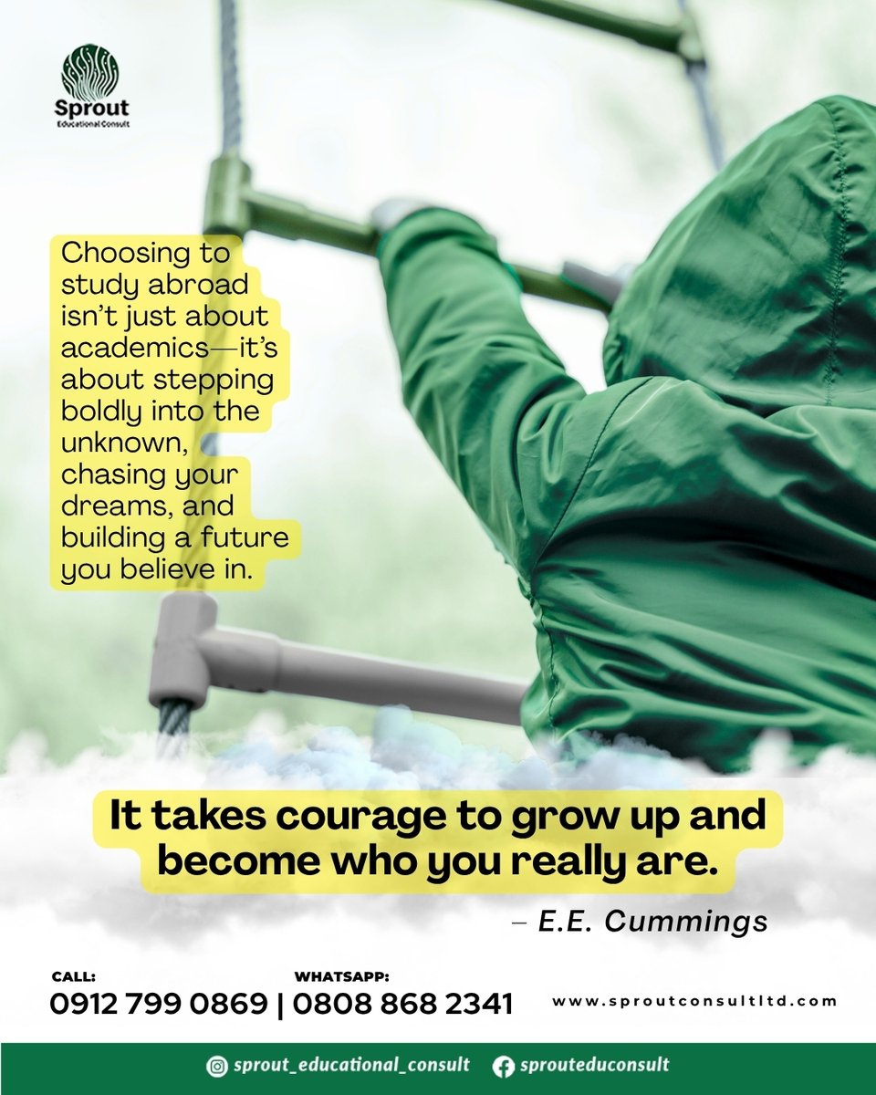 SproutEdconsult's tweet photo. "It takes courage to grow up and become who you really are." – E.E. Cummings
Studying abroad is more than books, it’s about bold dreams &amp; brave steps. 
Let’s make June unforgettable.
📞 09127990869 | 08088682341
#MondayMotivation #StudyAbroad #SproutIntoTheWeek #CourageToGrow https://t.co/KR7tbr0DCF