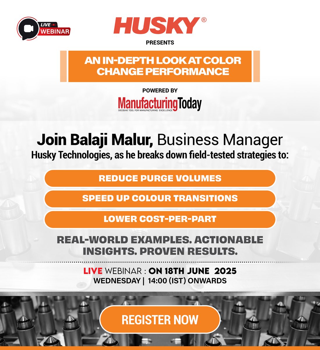 MfrgTodayIndia's tweet image. Join Balaji Malur from Husky Technologies on June 18 for a power-packed webinar on reducing purge volumes, speeding up transitions, and cutting costs.

Register Now: lnkd.in/d3Xg3Gx8

#ManufacturingExcellence #HuskyTechnologies #ColorChange #InjectionMolding