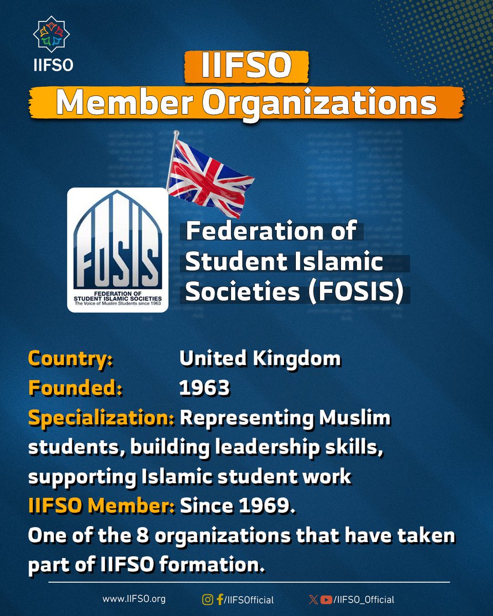 (EN 🇬🇧&amp; AR 🇸🇦)
One of the 8 that made history with IIFSO 🌍 — can you guess which one?

Name: Federation Of Student Islamic Societies (<a href="/fosischannel/">FOSIS</a>)
Country: United Kingdom
Founded: 1963
Specialization: Representing Muslim students, building leadership skills, supporting Islamic