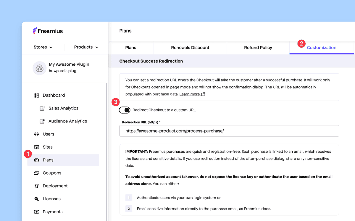 freemius's tweet image. You asked, we shipped: #Checkout Success Redirection is now available for all product types — not just #SaaS.

Perfect for thank-you pages, onboarding flows, or upsells.

➡️ Head over to the Plans → Customization section and enable the switch!