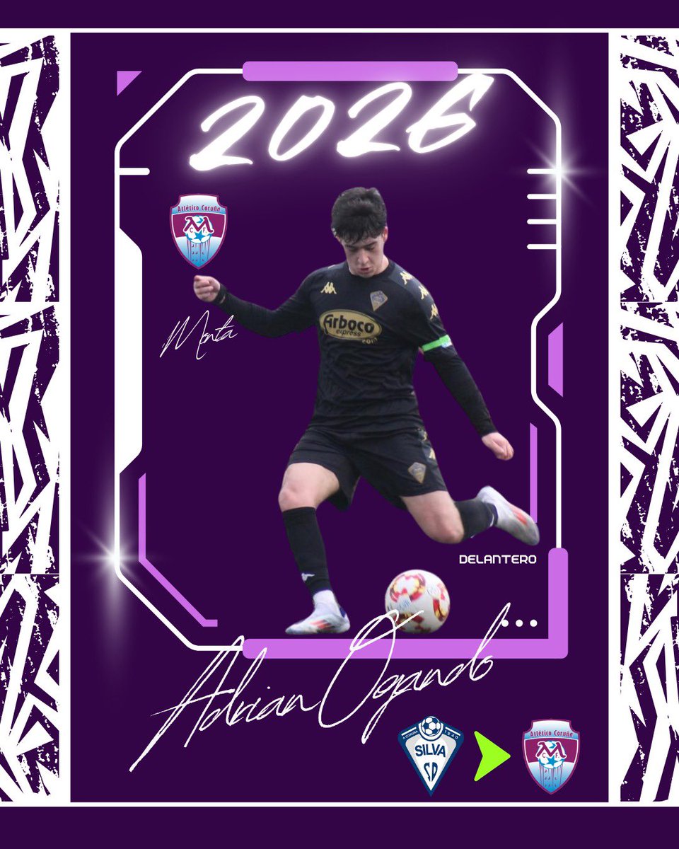 🟣 𝗢𝗙𝗜𝗖𝗜𝗔𝗟 | Fichaxe
🖋️ A.Ogando asina ata 2026

📝 Tras completar a súa formación no RC Deportivo e no RC Celta de Vigo, xogou o seu primeiro ano na 3RFEF no Silva SD, onde destacou pola súa potencia e calidade. Este ano vestirá e defenderá a camisola morada.

Benvido! 🟣