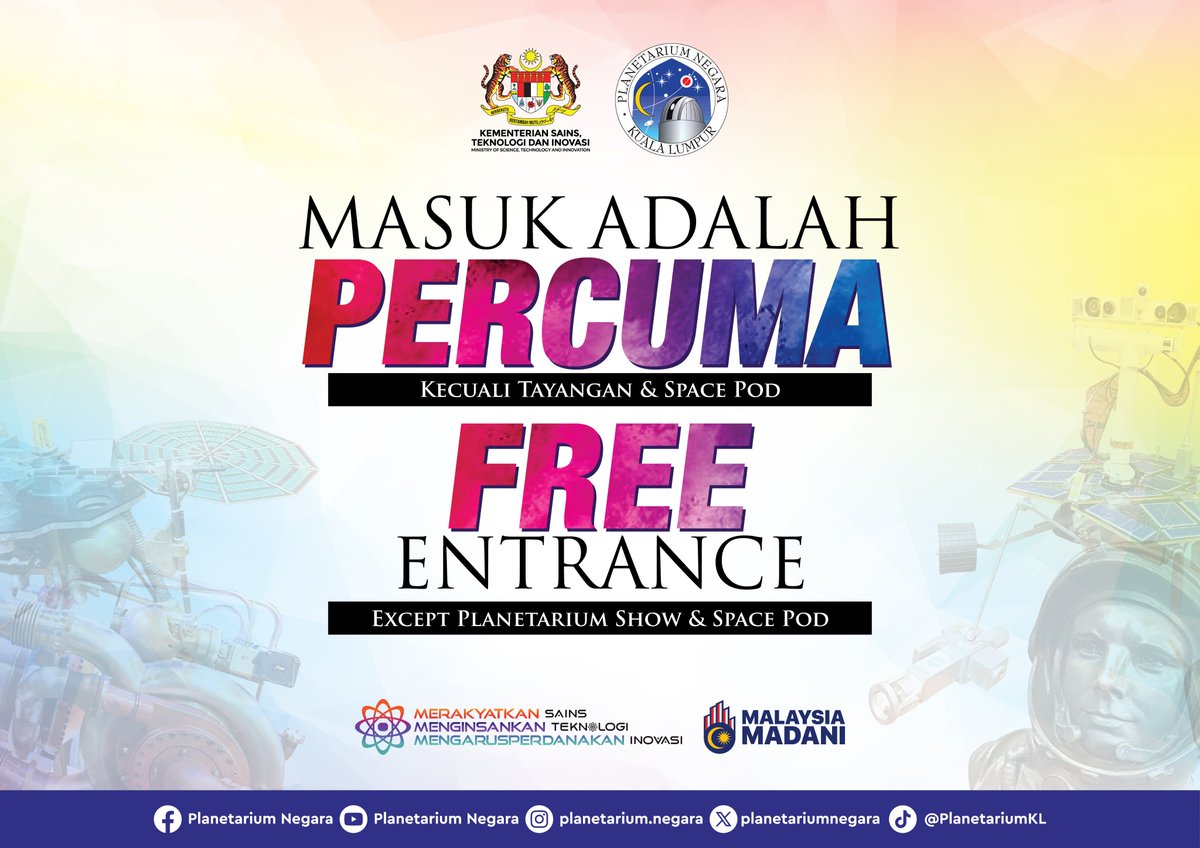 Makluman: <a href="/PlanetariumKL/">PlanetariumNegara</a> 
TUTUP pada setiap Isnin &amp; beberapa hari cuti umum terpilih.

Waktu Operasi: HARI BUKA: SELASA HINGGA AHAD MASA: 9:00 PAGI HINGGA 4:30 PETANG

Maklumat lanjut boleh disemak di pautan berikut: planetariumnegara.gov.my/#/operating-ho…

Sekian, terima kasih.