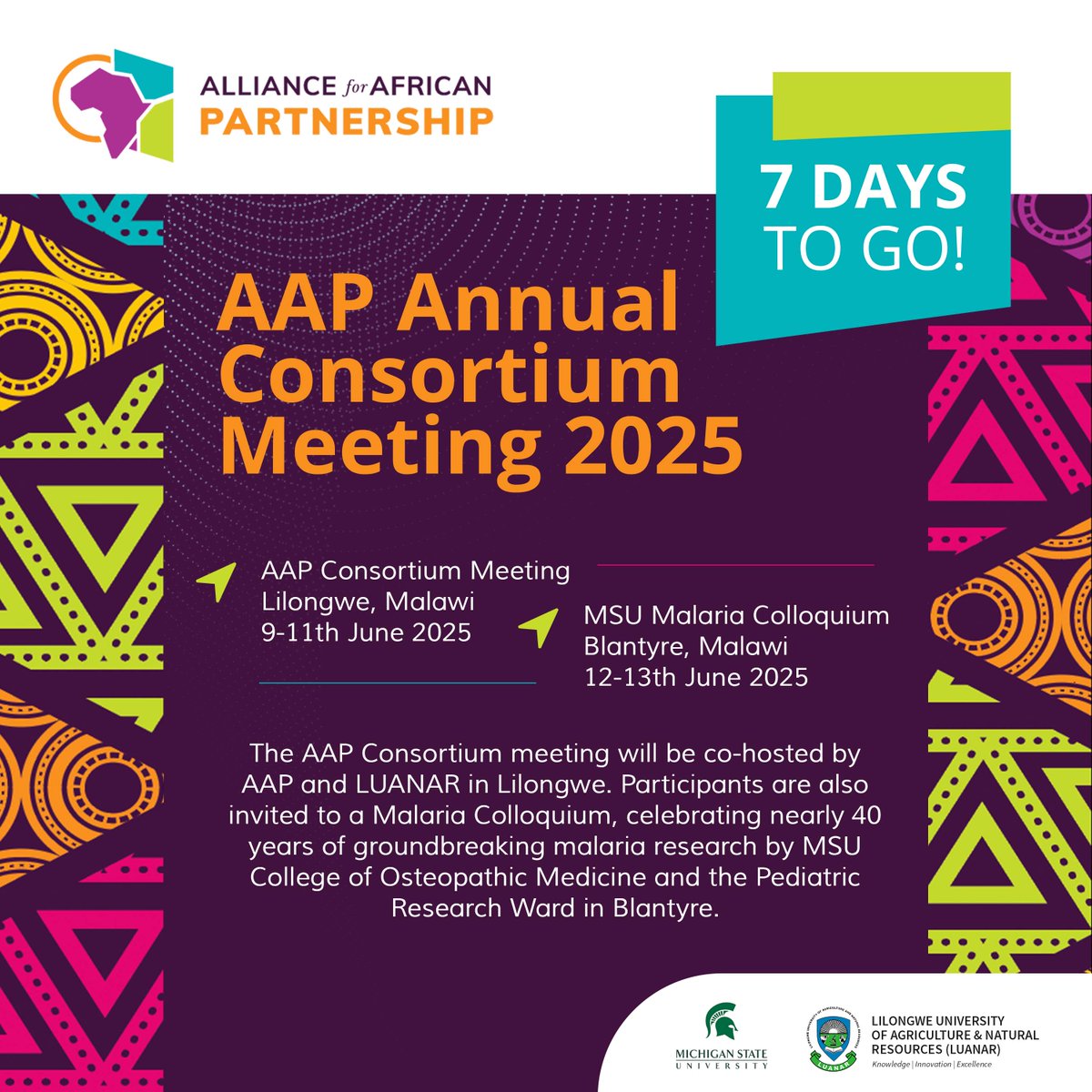 We're just 7 days away from the AAP Annual Consortium Meeting. Be ready to join us for a powerful week of collaboration, research, and innovation across Africa. 

Register here to join us: conta.cc/43gPZp2
Let’s build a stronger future together.

The event is being