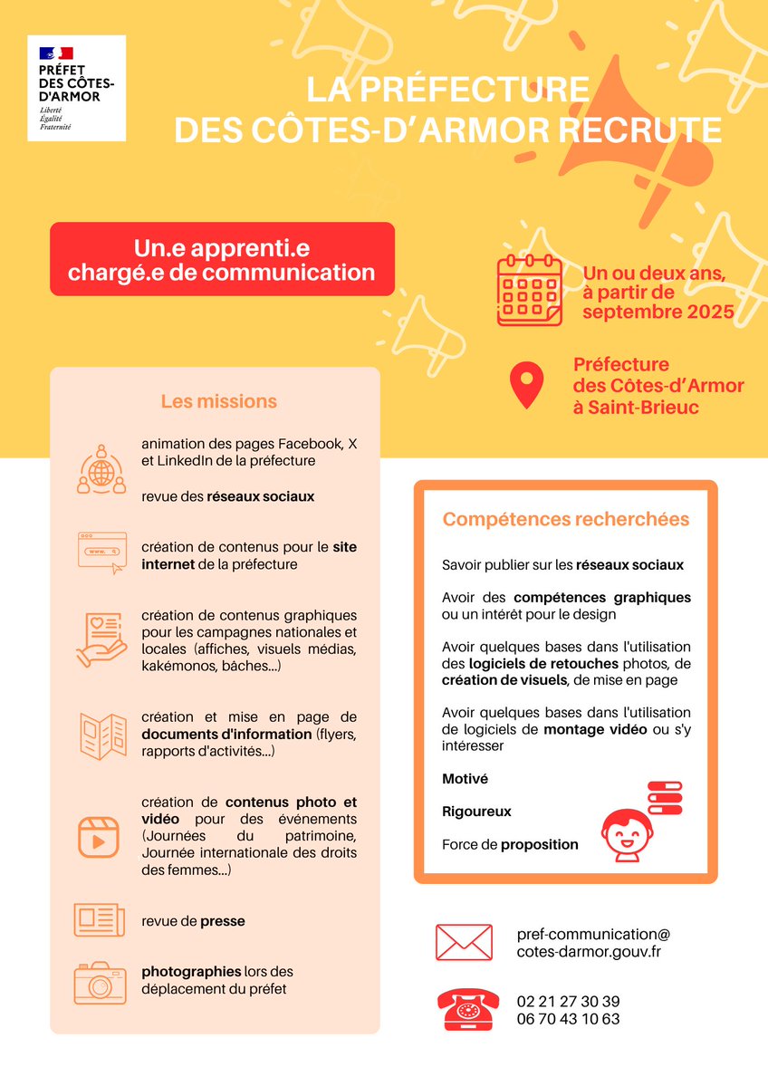 Préfet des Côtes-d'Armor (@prefet22) on Twitter photo 📣 La préfecture des #CôtesdArmor recrute !
Le service #communication recherche un ou une apprenti(e) en alternance pour un ou deux ans !
📍 Saint-Brieuc
📆 À partir du 1er septembre 2025
📩 Comment postuler : pref-communication@cotes-darmor.gouv.fr 📣 La préfecture des #CôtesdArmor recrute !
Le service #communication recherche un ou une apprenti(e) en alternance pour un ou deux ans !
📍 Saint-Brieuc
📆 À partir du 1er septembre 2025
📩 Comment postuler : pref-communication@cotes-darmor.gouv.fr