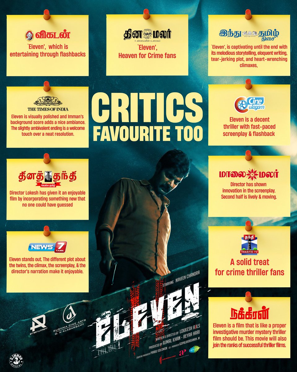 AR Entertainment (@arentertainoffl) on Twitter photo Edge-of-the-seat brilliance 🔥 #Eleven is the critics' choice of 2025 so far 📈💥
<a href="/Naveenc212/">Actor Naveen Chandra</a> <a href="/ARentertainoffl/">AR Entertainment</a> <a href="/SushmaCineArts/">Sushma Cine Arts</a> <a href="/lokeshajls/">Lokkesh Ajls</a> <a href="/immancomposer/">D.IMMAN</a> <a href="/actressReyaa/">Reyaa</a> <a href="/abhiramiact/">Abhirami</a> <a href="/Riythvika/">Riythvika✨</a> <a href="/ActorDileepan/">Dileepan</a> @actorshashank <a href="/karthikisc/">KARTHIK DOP</a> <a href="/srikanth_nb/">EditorSrikanthNB</a> <a href="/saregamasouth/">Saregama South</a> <a href="/onlynikil/">Nikil Murukan</a> Edge-of-the-seat brilliance 🔥 #Eleven is the critics' choice of 2025 so far 📈💥
<a href="/Naveenc212/">Actor Naveen Chandra</a> <a href="/ARentertainoffl/">AR Entertainment</a> <a href="/SushmaCineArts/">Sushma Cine Arts</a> <a href="/lokeshajls/">Lokkesh Ajls</a> <a href="/immancomposer/">D.IMMAN</a> <a href="/actressReyaa/">Reyaa</a> <a href="/abhiramiact/">Abhirami</a> <a href="/Riythvika/">Riythvika✨</a> <a href="/ActorDileepan/">Dileepan</a> @actorshashank <a href="/karthikisc/">KARTHIK DOP</a> <a href="/srikanth_nb/">EditorSrikanthNB</a> <a href="/saregamasouth/">Saregama South</a> <a href="/onlynikil/">Nikil Murukan</a>