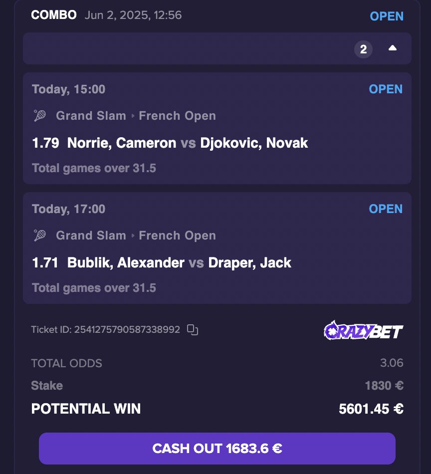 💎BET N°13 Roland-Garros💎

Je sens ces 2 matchs plutôt serré aujourd'hui.

Côte : 3.06 🍀