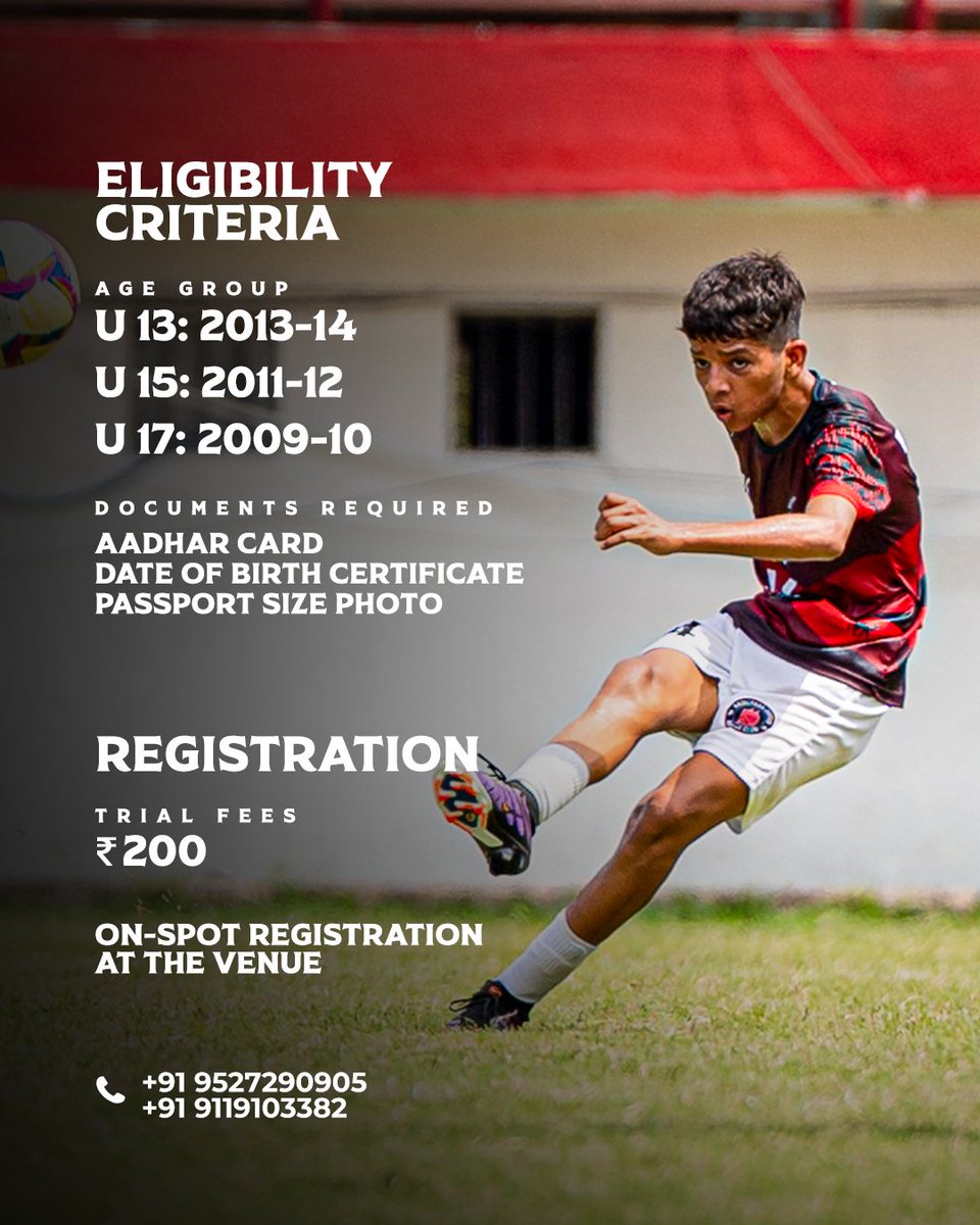 RajasthanUnited's tweet image. 🎯 𝐃𝐫𝐞𝐚𝐦. 𝐓𝐫𝐚𝐢𝐧. 𝐑𝐞𝐩𝐫𝐞𝐬𝐞𝐧𝐭
Open Trials for U13 | U15 | U17 begin 18–19 June in Jaipur.
📍 Vidyadhar Nagar Stadium | ⏰ 8:00 AM Onwards
Let your journey with Rajasthan United FC begin!
𝖢𝗈𝗇𝗍𝖺𝖼𝗍𝗌: 
 +91.9119103382
+91.9119103398
#footballtrails #jaipurcity
