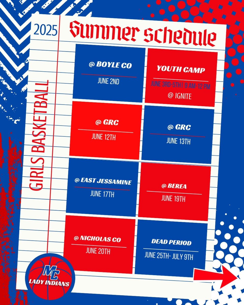 MCHS Lady Indians ๐ (@ladyindiansmchs) on Twitter photo The grind doesnโt stop this summer! ๐
Hereโs your official 2025 Lady Indians Girls Basketball Summer Schedule โ mark those dates and come show your support! ๐
From battles on the court to building the future at Youth Camp, weโre all in. 
Follow the @ladyindiansmchs for more! The grind doesnโt stop this summer! ๐
Hereโs your official 2025 Lady Indians Girls Basketball Summer Schedule โ mark those dates and come show your support! ๐
From battles on the court to building the future at Youth Camp, weโre all in. 
Follow the @ladyindiansmchs for more!